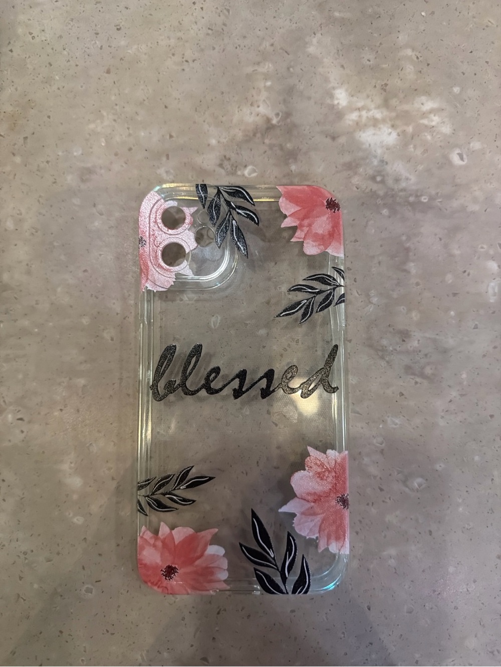 Clear Floral "Blessed" Phone Case - Pink Flowers